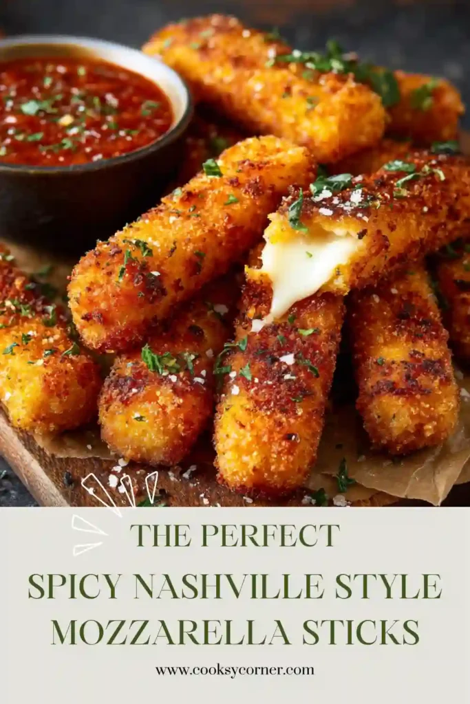 Homemade Spicy Nashville-Style Mozzarella Sticks fried until golden brown and served with dipping sauces. Crispy cheese sticks with bold cayenne flavor.