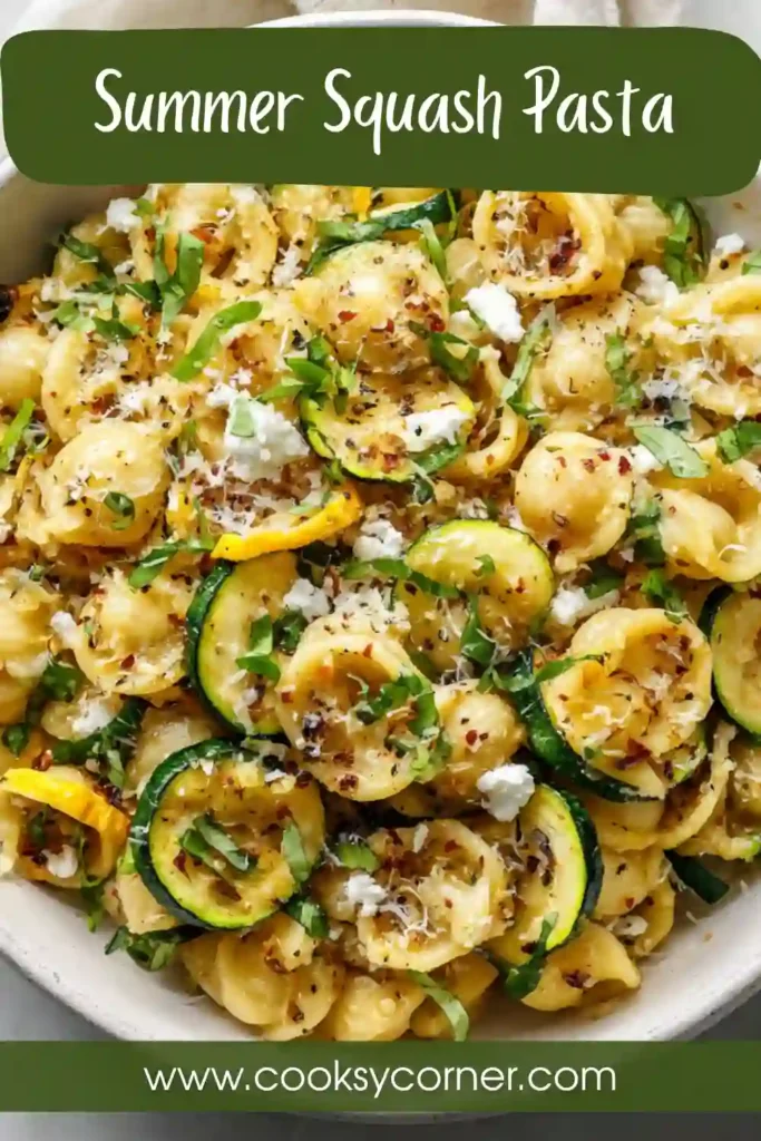 A bowl of Summer Squash Pasta tossed with brown butter, zucchini, summer squash, goat cheese, and fresh basil. Toasted pine nuts add crunch and flavor.