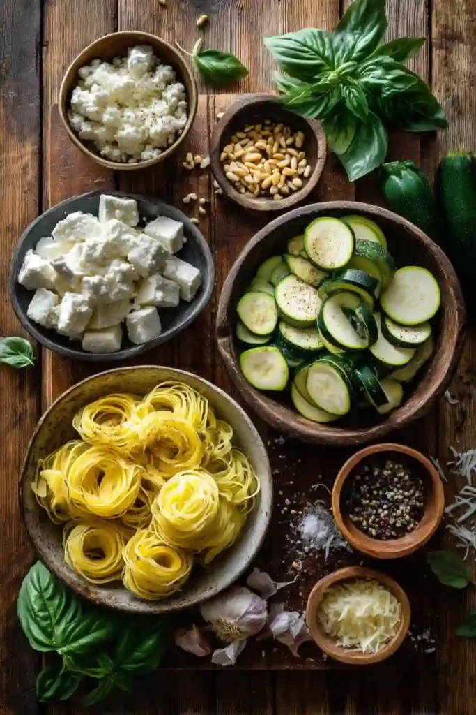 Homemade Summer Squash Pasta topped with toasted pine nuts and fresh basil. A simple summer pasta recipe ready in just 20 minutes.