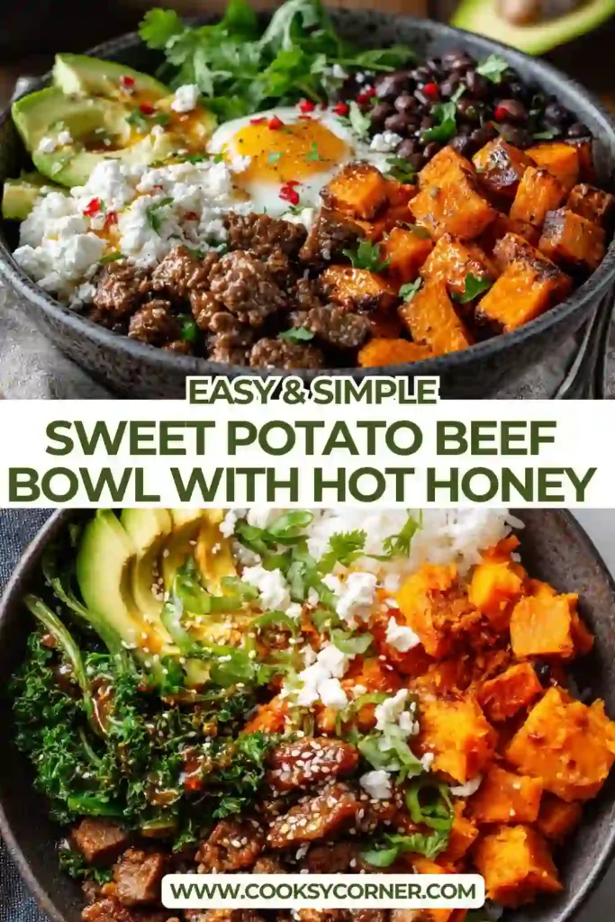 Healthy Sweet Potato Beef Bowl with roasted sweet potatoes, seasoned ground beef, creamy cottage cheese, black beans, avocado slices, and a drizzle of hot honey. This easy dinner recipe is vibrant, filling, and perfect for meal prep.