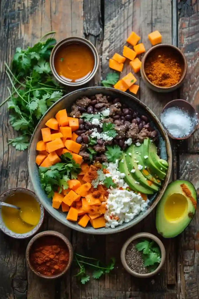 Flavorful sweet potato and ground beef bowl served with cottage cheese, avocado, cheddar cheese, and black beans. This balanced dinner recipe combines savory, creamy, sweet, and spicy flavors.