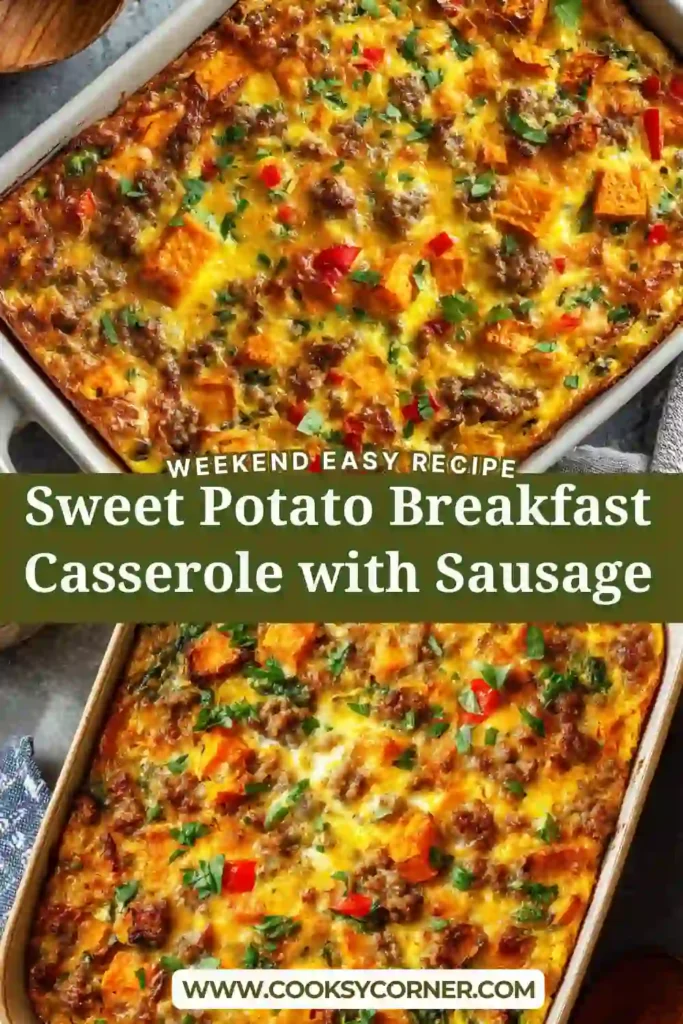 A baked Sweet Potato Breakfast Casserole with Sausage made with eggs, bell peppers, onions, and tender sweet potatoes. This healthy breakfast casserole is perfect for meal prep and family mornings.