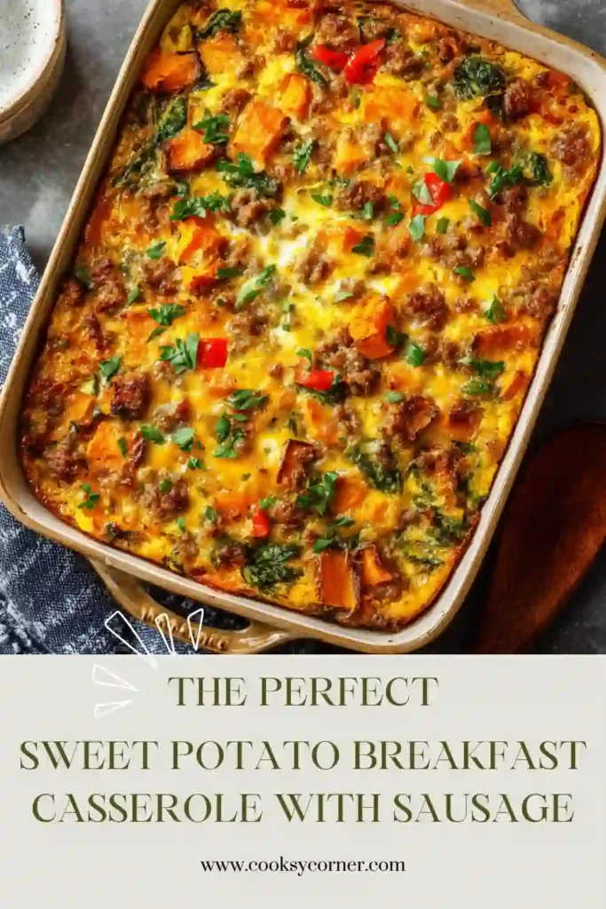 Golden brown breakfast casserole filled with chicken sausage, sweet potatoes, eggs, and colorful vegetables. A high-protein breakfast bake ready to serve.