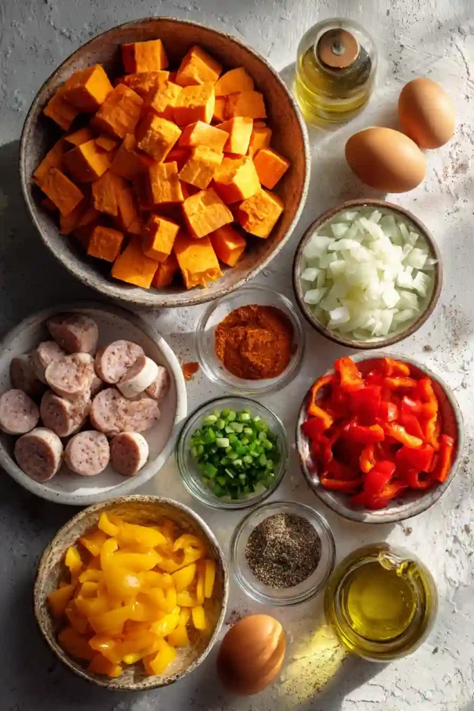 Healthy Sweet Potato Breakfast Casserole with Sausage in a baking dish topped with vibrant vegetables and baked eggs. Ideal for brunch and meal prep.