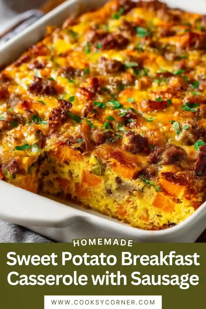 Freshly baked sweet potato egg casserole sliced into portions and served warm. The dish features savory sausage, peppers, and fluffy eggs.