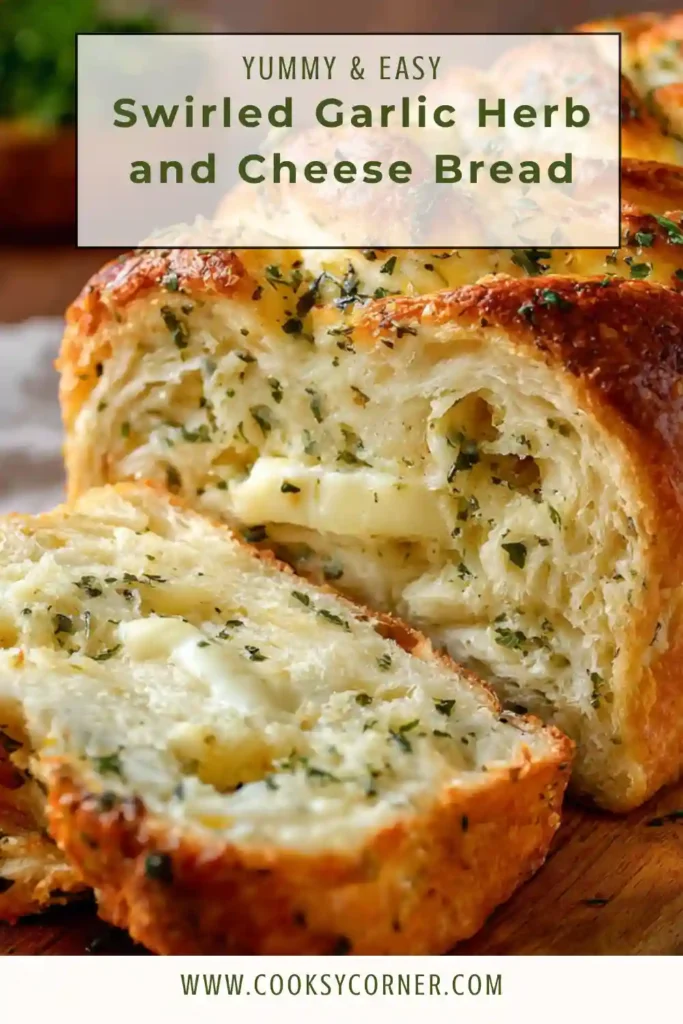 Freshly baked Swirled Garlic Herb and Cheese Bread with golden crispy edges and gooey melted cheese swirls. The homemade bread is filled with garlic, herbs, cheddar, mozzarella, and Parmesan.