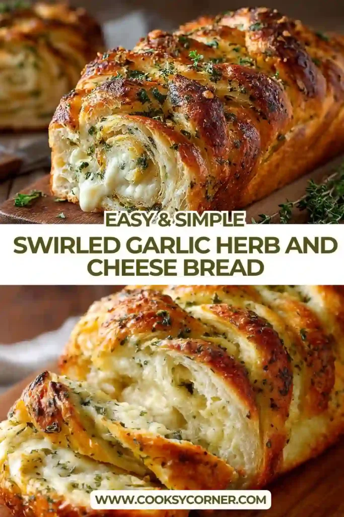 Close-up view of cheesy garlic herb bread sliced and served warm on a wooden board. The bread features soft layers of melted mozzarella and fresh herbs throughout.