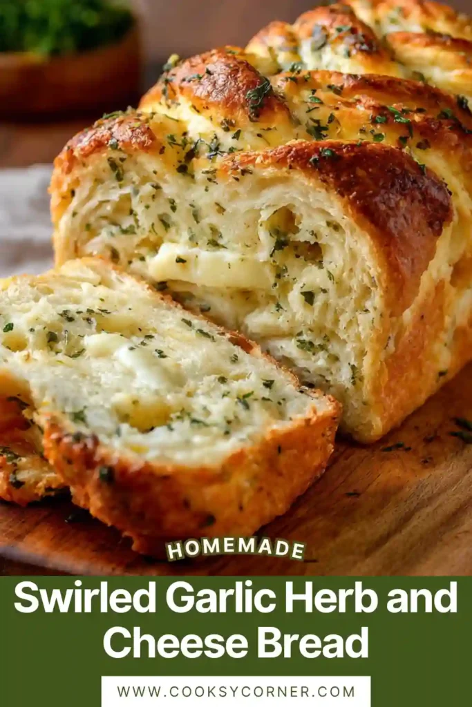 Homemade Swirled Garlic Herb and Cheese Bread baked until golden brown with visible cheesy layers and fresh herbs. This savory bread recipe is fluffy, rich, and comforting.