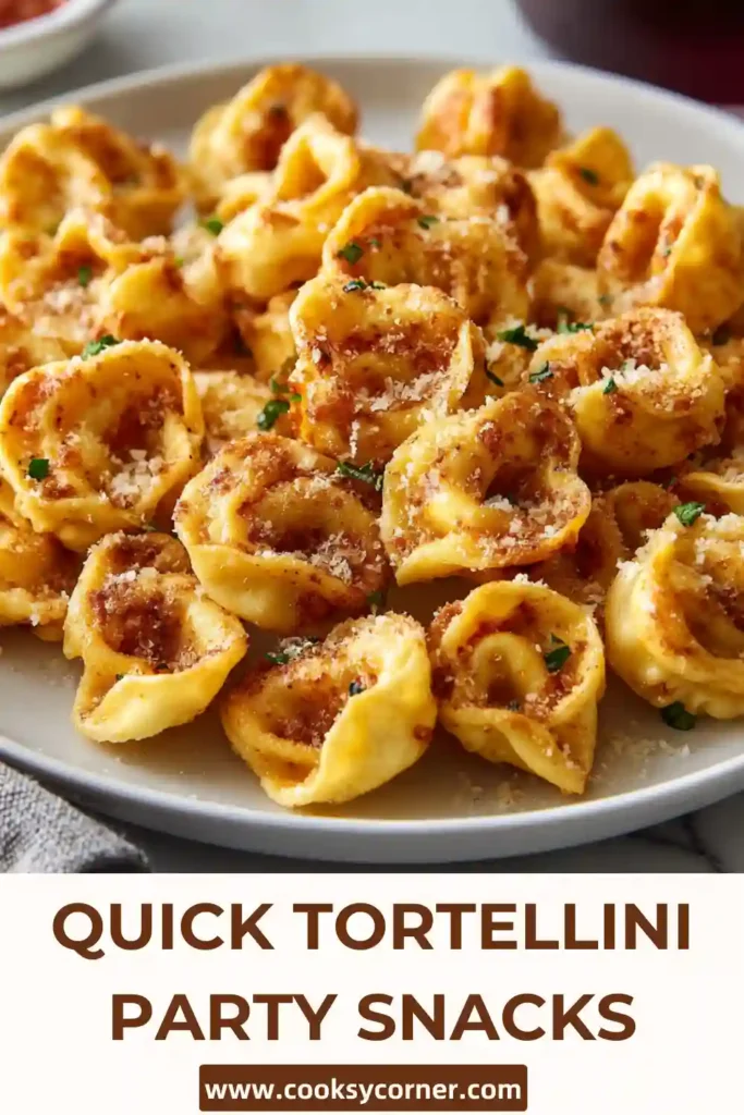 Crispy baked Tortellini Party Snacks served with marinara dipping sauce on a platter. Golden tortellini bites topped with Parmesan cheese and fresh parsley.