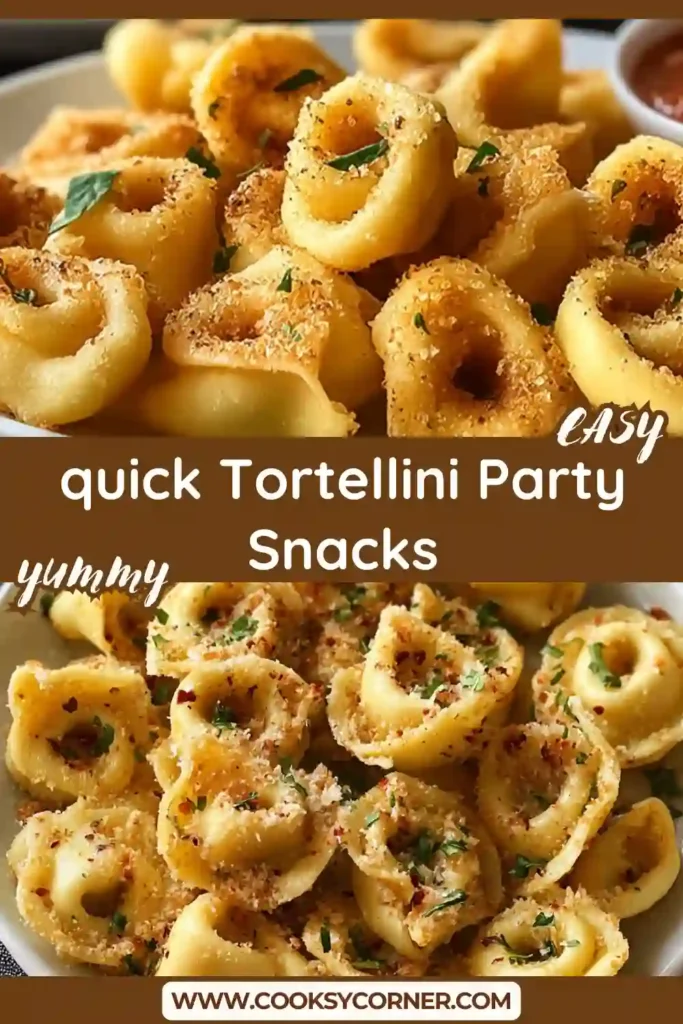 Golden brown baked tortellini bites arranged on a serving tray with marinara sauce. Quick and easy Italian-inspired party appetizer.
