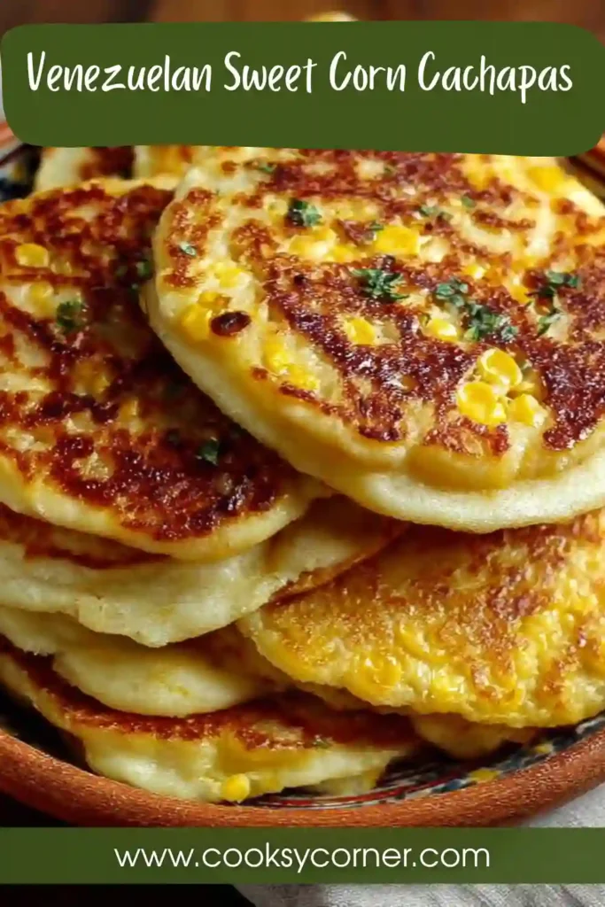 Golden Venezuelan sweet corn cachapas folded over melted mozzarella cheese and topped with butter. The corn pancakes have a crisp exterior and tender interior.