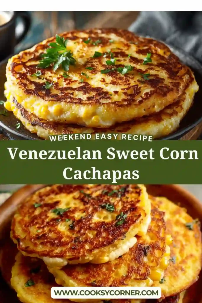 Homemade Venezuelan sweet corn cachapas with creamy mozzarella cheese. The pancakes are folded and served warm with a pat of butter.