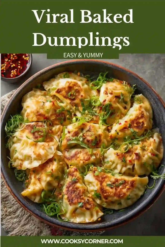 A baking dish filled with crispy baked dumplings in creamy coconut curry sauce topped with chili crisp, sesame seeds, cilantro, and scallions. The dumplings are golden brown with bubbling savory sauce underneath.