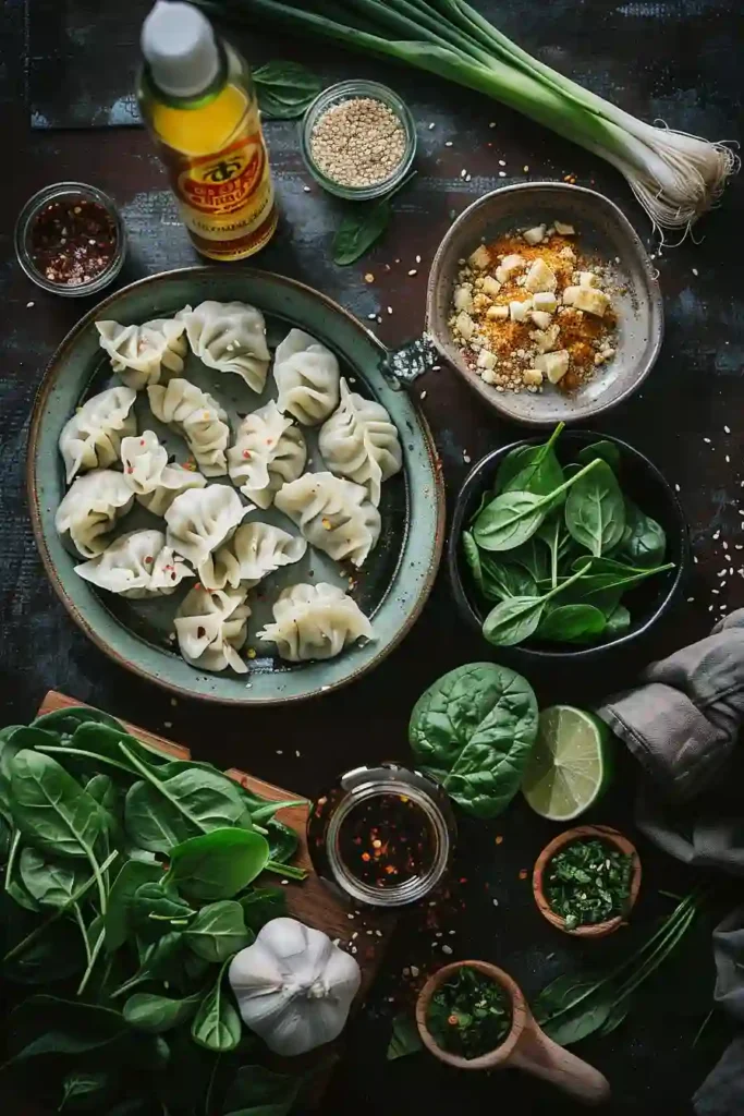 Golden baked dumplings topped with chili crisp and green onions in a creamy Thai-inspired sauce. A flavorful weeknight dinner made with frozen dumplings and coconut milk.