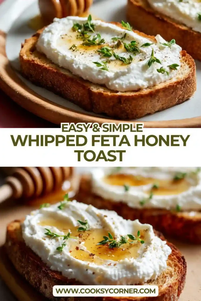 Close-up of whipped feta spread on crispy toast with honey drizzle and green herbs garnish.
