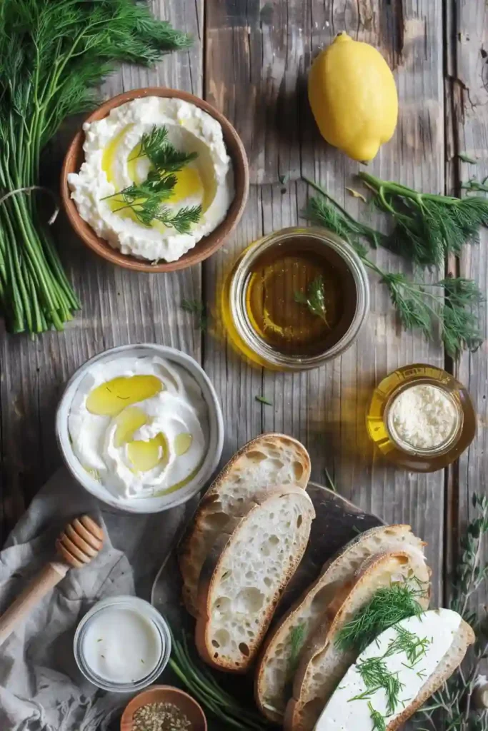 Crispy baguette slices topped with smooth whipped feta, honey, and herbs for a gourmet appetizer.