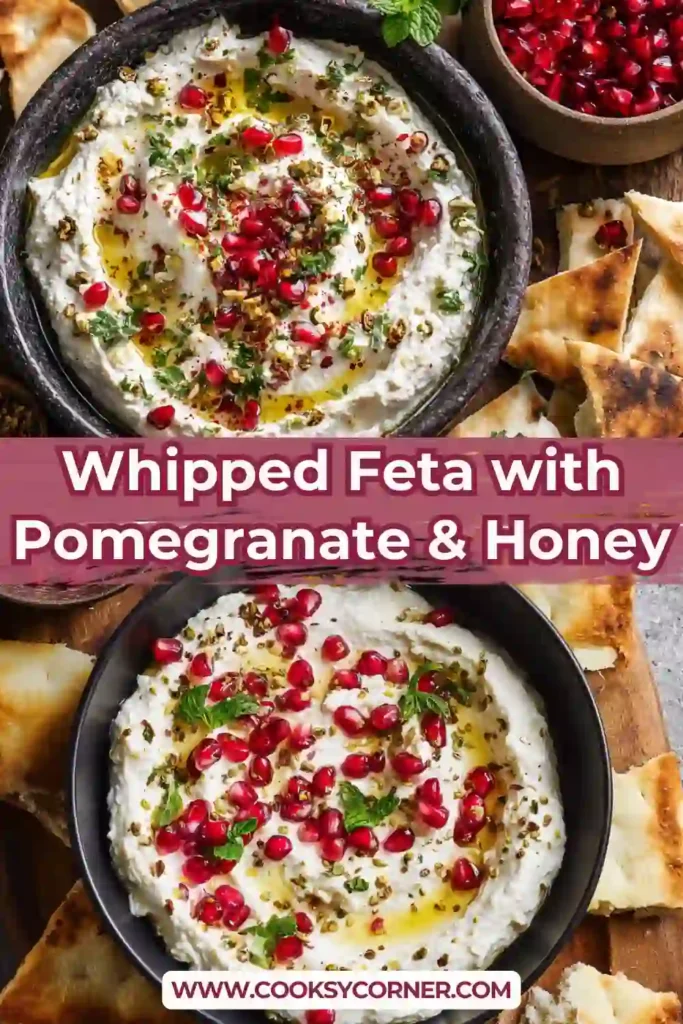 Close-up of whipped feta with honey drizzle and fresh thyme garnished with crunchy pistachios and bright pomegranate arils. A Mediterranean appetizer ready to serve.