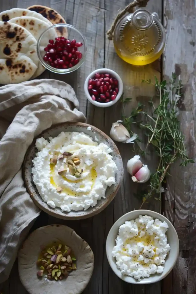 Smooth feta dip blended to perfection and topped with sweet and savory ingredients, creating a vibrant and inviting appetizer presentation.