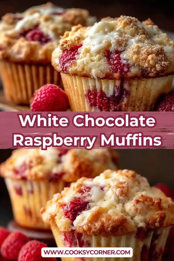 Close-up of fluffy raspberry muffins with creamy white chocolate chunks and tender crumb texture. These homemade muffins are golden, moist, and packed with berry flavor.