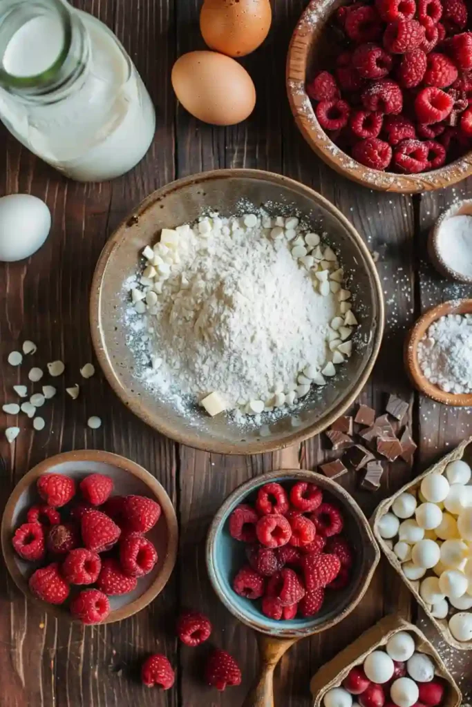 Bakery-style White Chocolate Raspberry Muffins arranged on a serving plate with fresh raspberries nearby. The muffins are soft, buttery, and filled with sweet white chocolate.