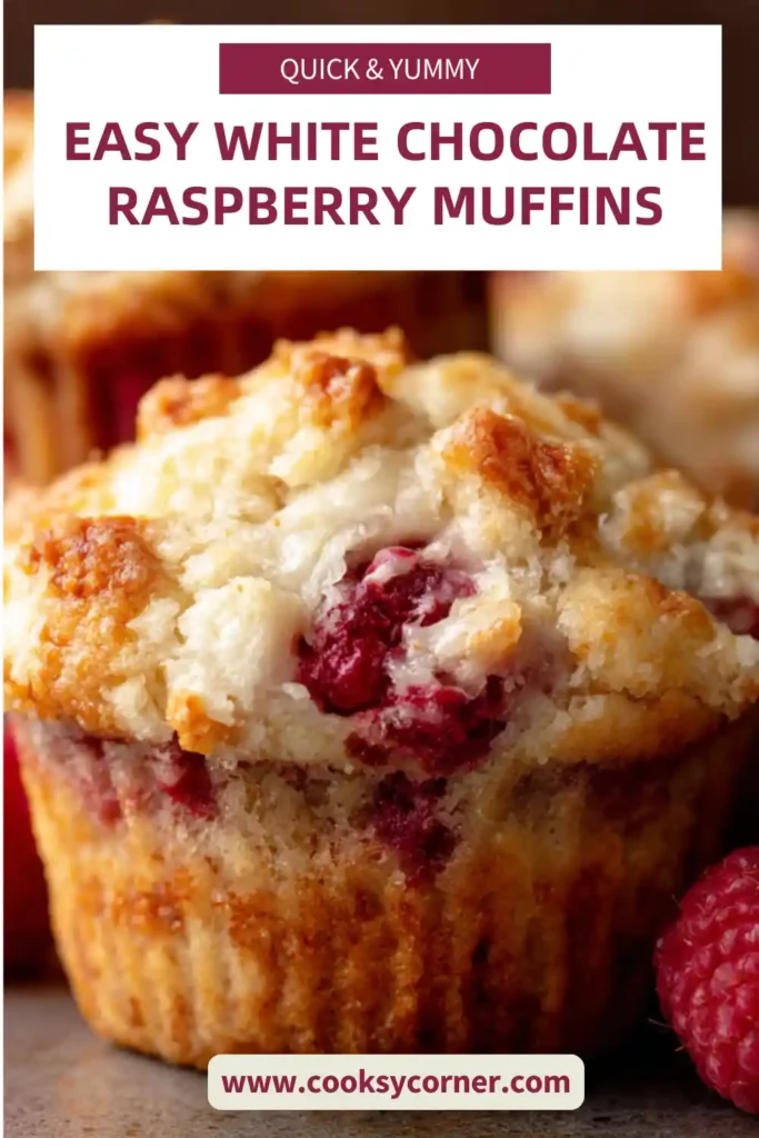 Freshly baked White Chocolate Raspberry Muffins topped with juicy raspberries and white chocolate chips on a cooling rack. These fluffy bakery-style muffins have a golden top and soft interior.
