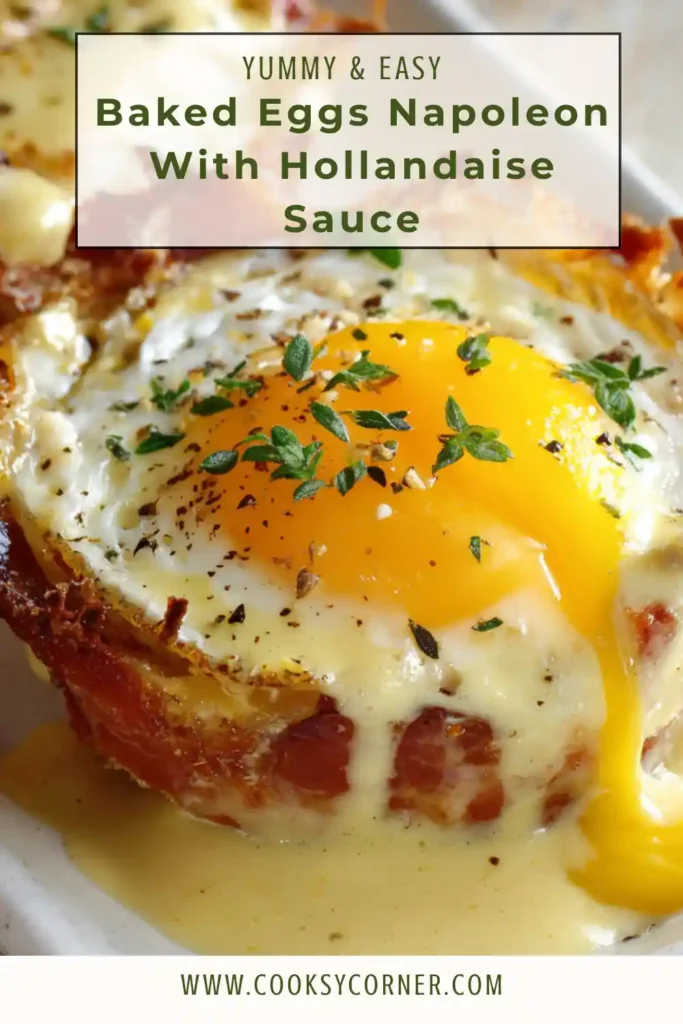 Baked Eggs Napoleon With Hollandaise Sauce served in ramekins with crispy hash browns, turkey bacon, melted cheese, and creamy hollandaise sauce. This savory breakfast recipe is perfect for brunch.