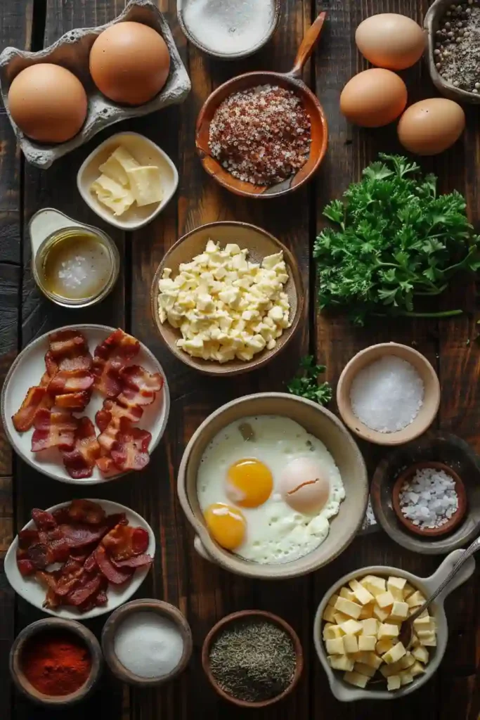 Elegant baked egg breakfast layered with potatoes, cheese, turkey bacon, and silky hollandaise sauce in individual ramekins. Perfect for weekend brunch gatherings.