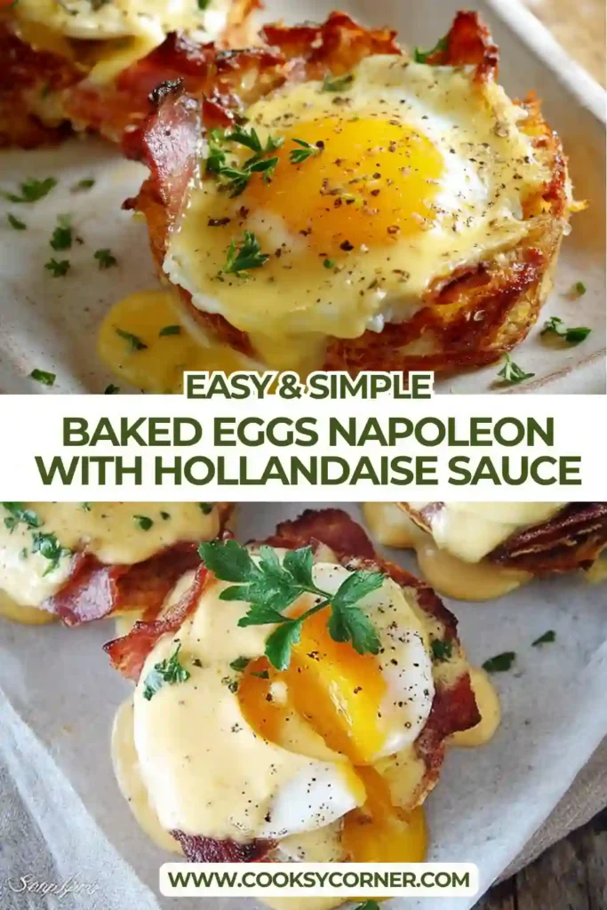 Close-up of cheesy baked eggs topped with homemade hollandaise sauce and fresh parsley. Crispy potatoes and turkey bacon create a hearty breakfast dish.