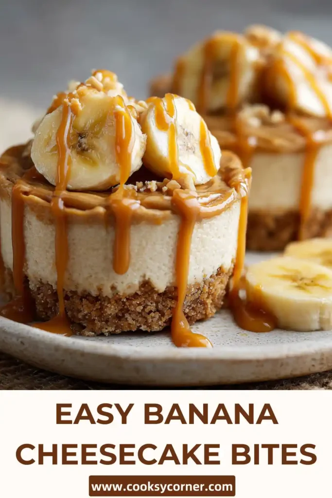 No-Bake Mini Banana Cheesecake cups topped with banana slices and almond butter drizzle on a serving tray. These creamy mini cheesecakes feature a buttery graham cracker crust and smooth cheesecake filling.