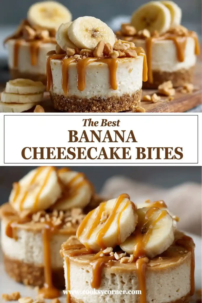 Mini banana cheesecake bites with almond butter swirl and whipped cream topping. This chilled no-bake dessert has a rich creamy texture and fresh banana flavor.