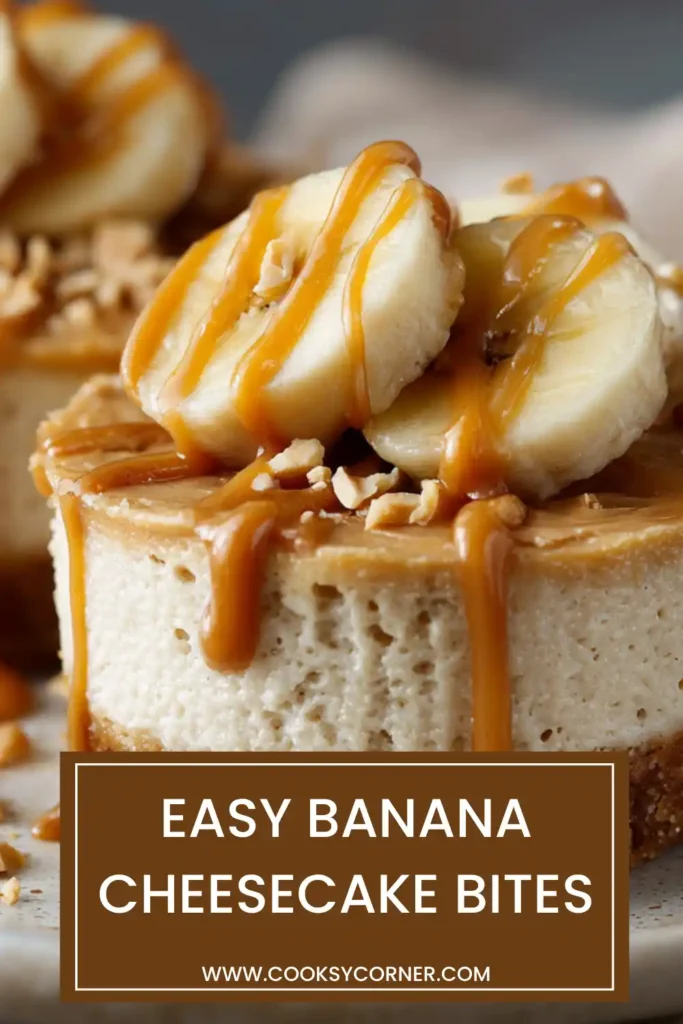 Close-up of creamy No-Bake Mini Banana Cheesecake with crunchy graham cracker crust and banana garnish. The almond butter drizzle adds extra richness and flavor.