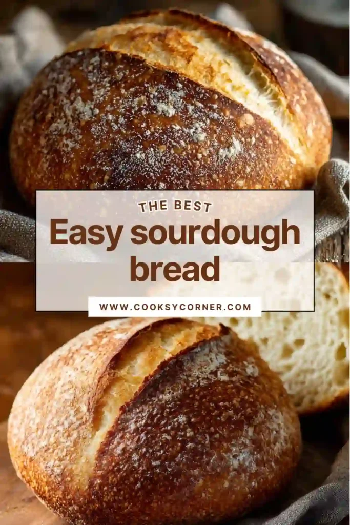 Freshly baked sourdough bread cooling on a wire rack with a golden crispy crust and artisan scoring. This homemade sourdough loaf has a rustic bakery-style appearance.