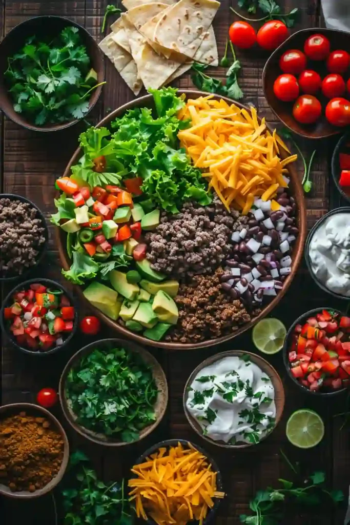 Healthy taco salad recipe with romaine lettuce, seasoned beef, tomatoes, cheddar cheese, and crunchy corn tortilla strips ready for dinner.