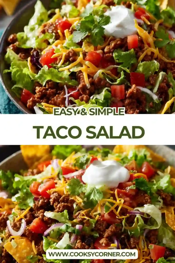 This easy taco salad features crunchy romaine lettuce, savory taco-seasoned beef, pico de gallo, cheddar cheese, and sour cream for a colorful Tex-Mex meal.
