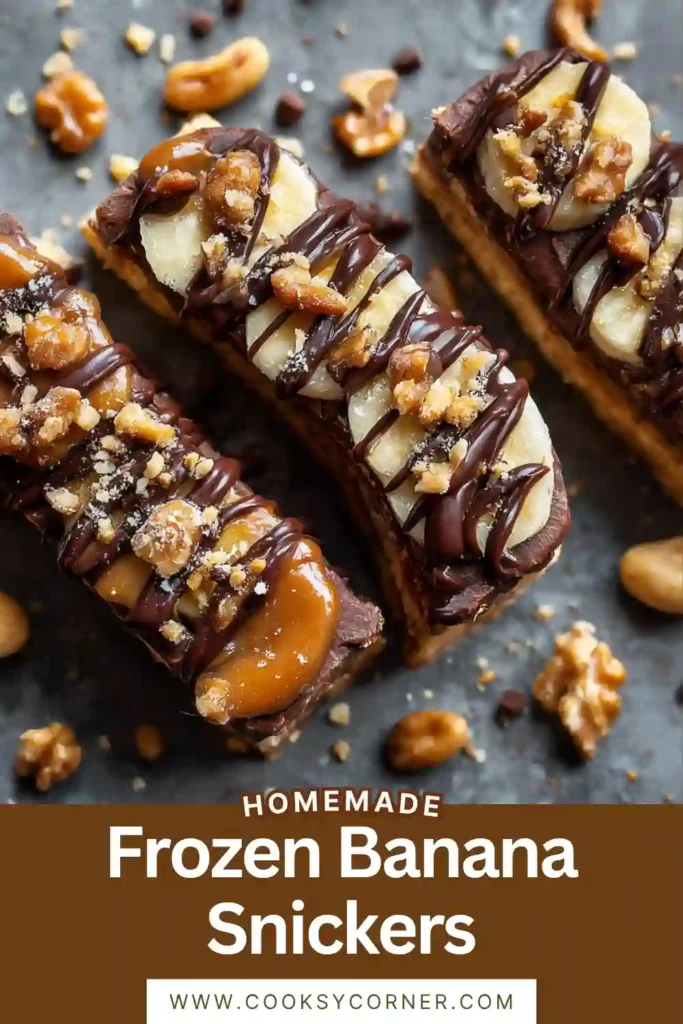 Frozen Banana Snickers topped with melted dark chocolate, crunchy peanuts, and flaky sea salt on a parchment-lined tray. These healthy banana treats are creamy, rich, and freezer-friendly.