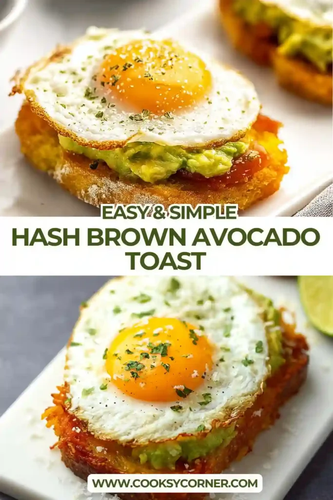 Golden hash brown toast layered with creamy avocado spread and garnished with herbs for a healthy breakfast idea. The crispy potatoes and fresh avocado create a delicious brunch dish.