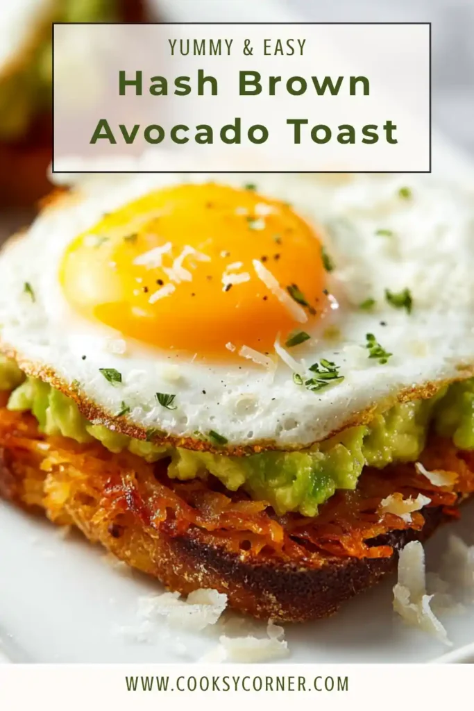 Close-up of Hash Brown Avocado Toast with crunchy potatoes, smooth avocado mixture, and fresh herbs. This easy vegetarian breakfast recipe is perfect for brunch or quick meals.