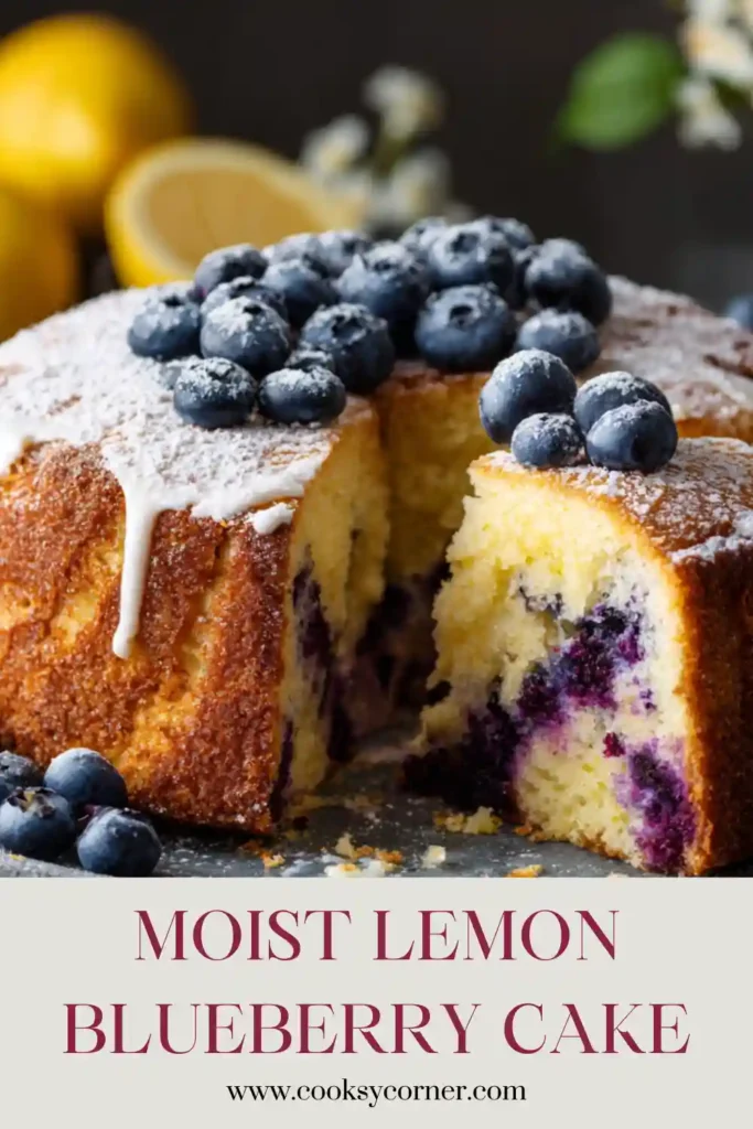 Homemade Lemon Blueberry Cake with fluffy lemon layers, fresh blueberry filling, and smooth cream cheese frosting on a serving plate. A fresh spring dessert with vibrant citrus flavor.