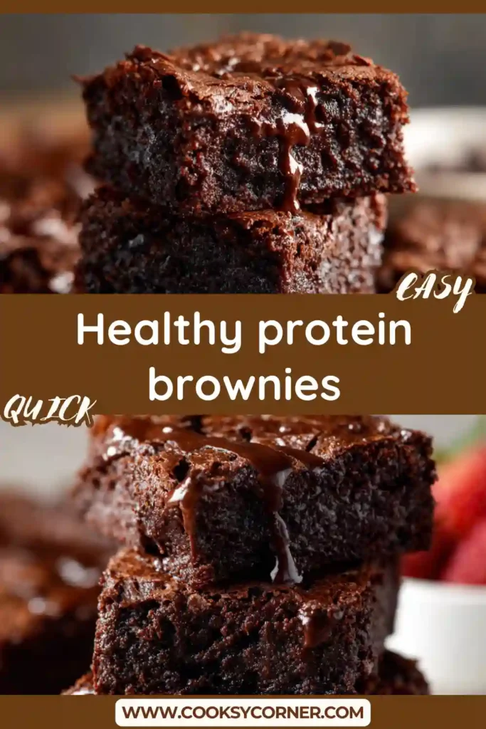 Chocolate protein brownies sliced into squares and topped with melted chocolate chips. These gluten free brownies are moist, chewy, and perfect for healthy dessert lovers.