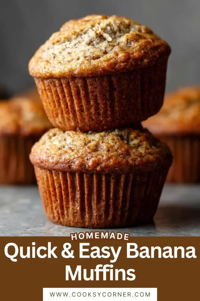 Freshly baked Quick & Easy Banana Muffins cooling on a wire rack with visible banana texture and golden muffin tops. Soft homemade banana muffins perfect for breakfast or snacking.