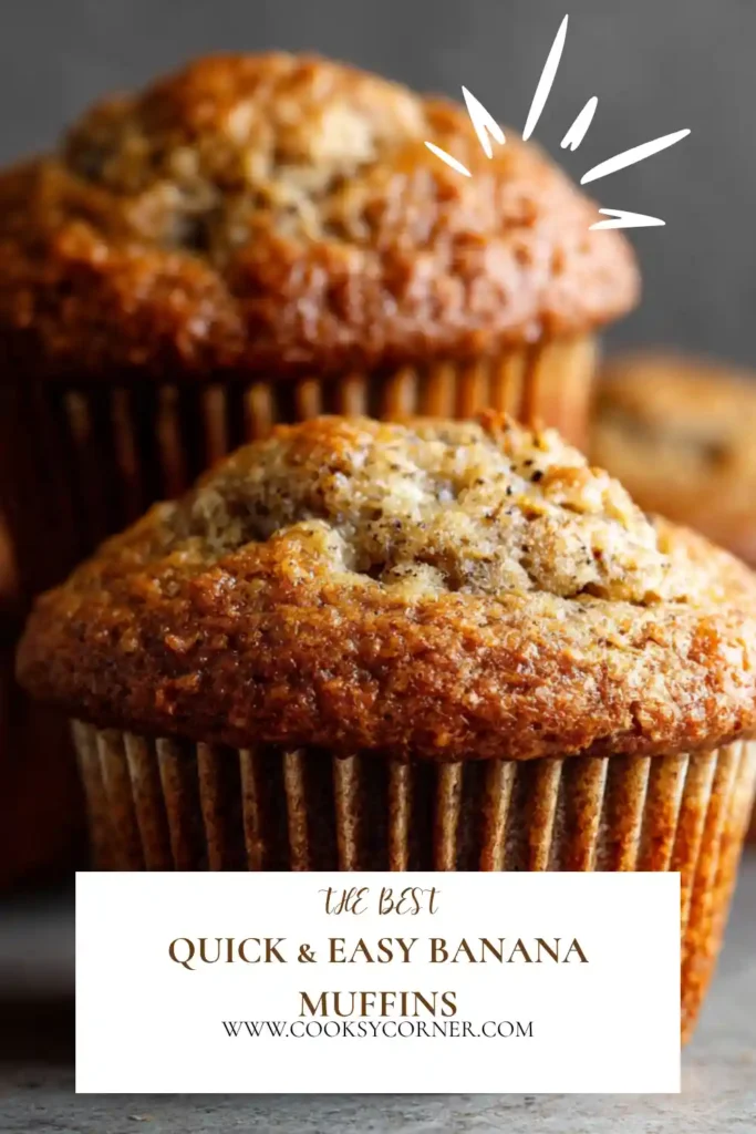 Warm Quick & Easy Banana Muffins served on a plate with fresh bananas nearby. Easy breakfast muffins baked until golden brown and perfectly moist.