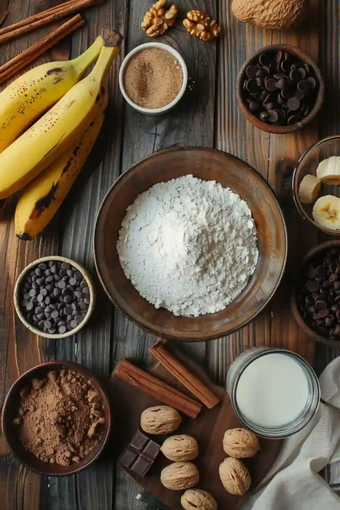 Homemade banana muffins with chocolate chips and walnuts freshly baked and ready to serve. Soft banana breakfast muffins with rich banana flavor and cinnamon aroma.