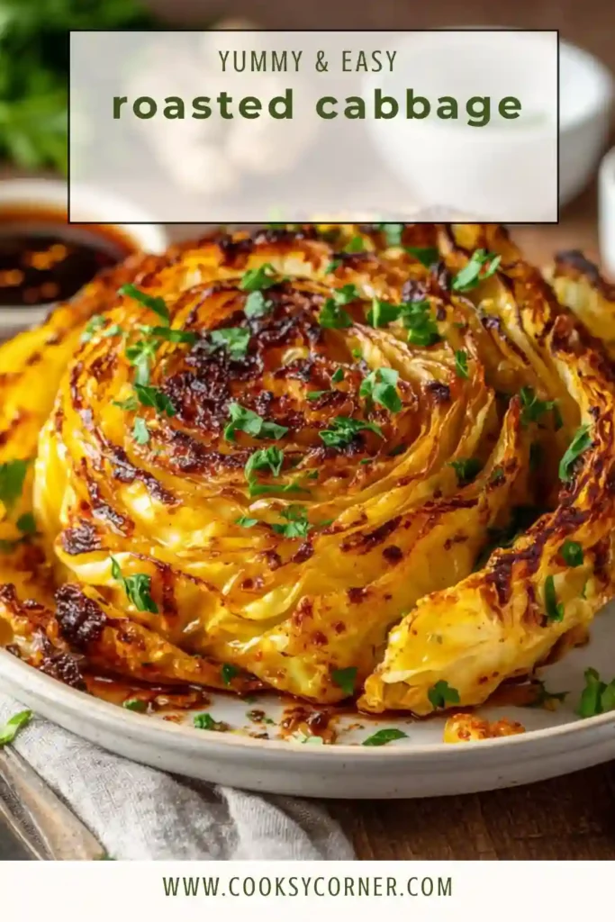 Golden roasted cabbage topped with melted butter and spices on a serving plate. This baked cabbage recipe has smoky Southern flavor and crispy edges.