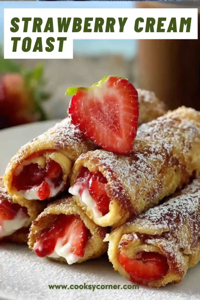 Golden Strawberry French Toast Roll-Ups served with maple syrup and powdered sugar on a white plate. The creamy mascarpone and strawberry filling creates a rich and comforting breakfast recipe.