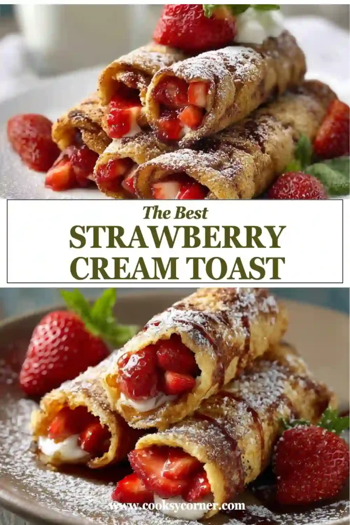 Close-up of crispy strawberry French toast roll-ups stuffed with mascarpone cheese and strawberry filling. This easy brunch recipe looks warm, creamy, and delicious.