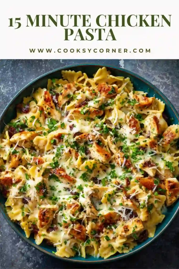 Freshly cooked 15 Minute Chicken Pasta garnished with Parmesan cheese and herbs in a serving bowl.