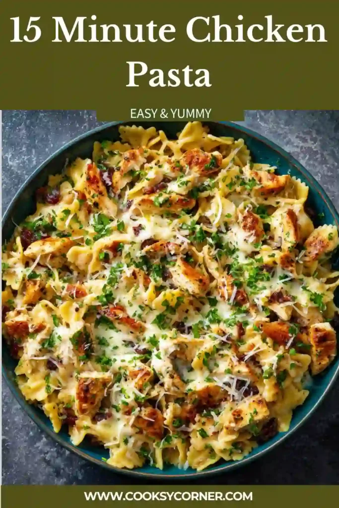 Easy chicken pasta dinner featuring pasta coated in tomato sauce with juicy chicken and melted cheese on top.