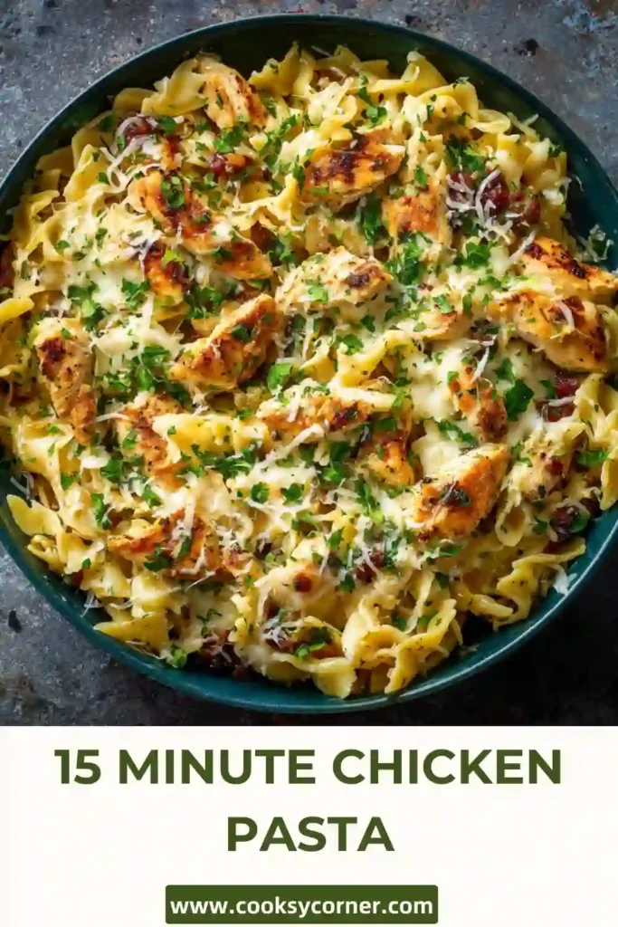 A bowl of 15 Minute Chicken Pasta made with tender chicken strips, marinara sauce, pasta, and melted mozzarella cheese.
