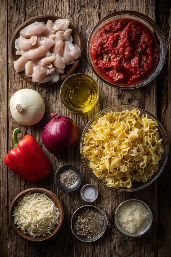 Quick chicken pasta recipe with marinara sauce, bell peppers, onions, and melted mozzarella cheese.