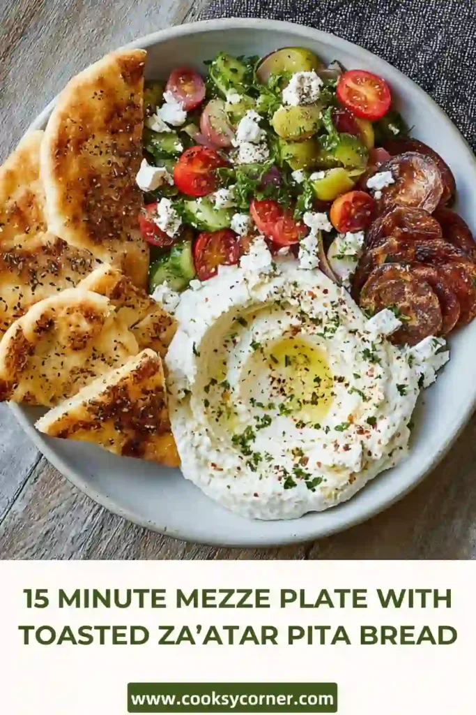Fresh Mediterranean mezze platter featuring toasted pita bread, hummus, yogurt dip, cherry tomatoes, and assorted olives. A vibrant and flavorful sharing dish.